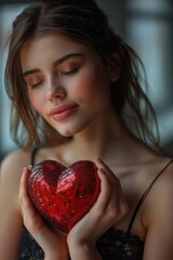 Poster - A woman holds a shiny red heart in her hands, representing love and affection