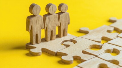 Fototapete - A set of wooden figures forming a mosaic pattern on top of a puzzle piece, great for illustrations and designs about unity and teamwork