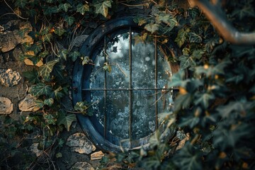Poster - A natural, rustic window frame surrounded by lush green ivy growth on a ancient stone wall