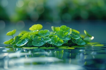 Poster - A serene scene with green leaves floating on the surface of calm water