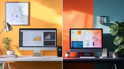 Fototapete - Split screens showcase a minimalist workspace with a computer and a plant, alongside an artistic setting featuring notes and colorful decor. Generative AI