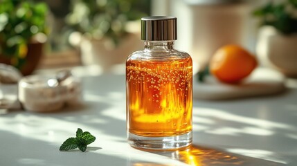 Poster - A bottle of perfume sits on a table, ready for use