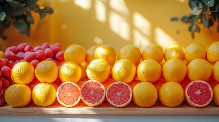 Wall Mural - Ripe oranges and grapefruits displayed on wooden surface in sunlit setting