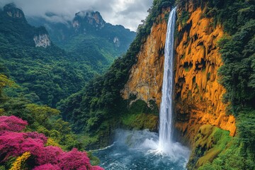 Poster - A serene waterfall surrounded by dense foliage and vibrant greenery