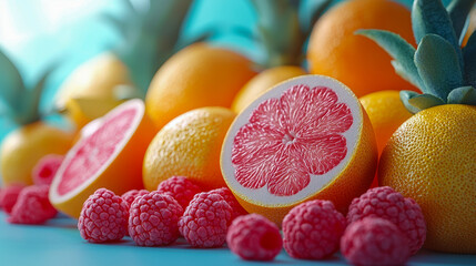 Wall Mural - Fresh citrus and raspberries still life with grapefruit and pineapple leaves