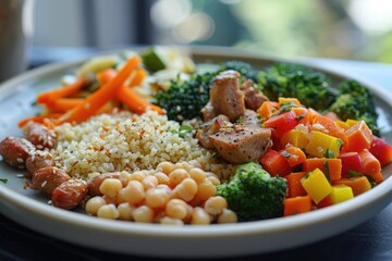 Poster - A plate filled with meat and mixed vegetables, perfect for a healthy meal or dinner party