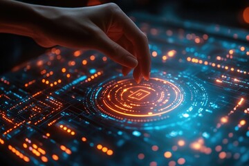 Poster - A hand presses a button on a circuit board, with electronic components visible in the background