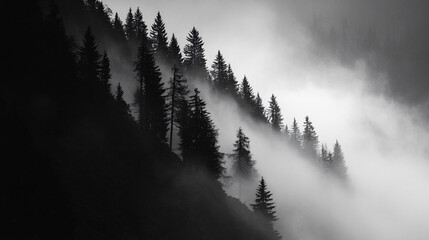 Wall Mural - Spooky shadows flitting between the trees on foggy mountain slopes.