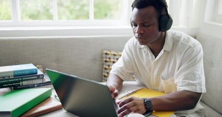 Poster - Typing, university and man with headphones on laptop for online learning, studying and education. School, coffee shop and African person listen to music on computer for research, books and project