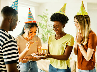 birthday celebration party cake happy candle blowing friendship fun friend woman home smiling lifestyle happy man cheerful