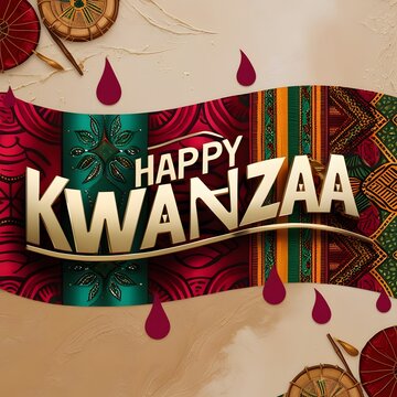 Elegant 'Happy Kwanzaa' Typography with Bold African Patterns and Cultural Accents