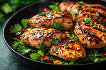 Poster - A plate of chicken and greens served on a dark background