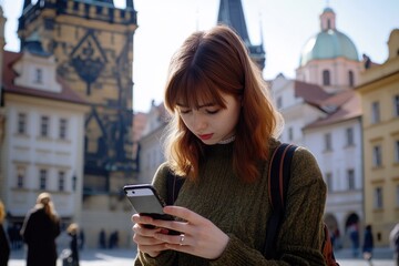 Aufkleber - A woman gazes at her mobile device, possibly checking messages or scrolling through social media