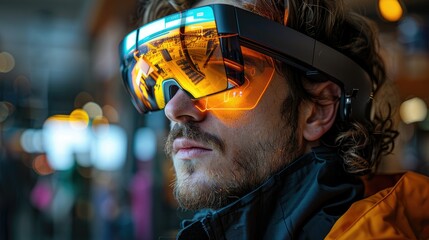 Poster - Man wearing futuristic augmented reality glasses.