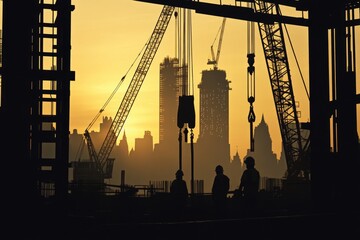 Aufkleber - A group of workers stand together near an under-construction building, tools and materials scattered around them