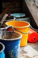 Aufkleber - A collection of buckets placed on a table, possibly used for storage or organization