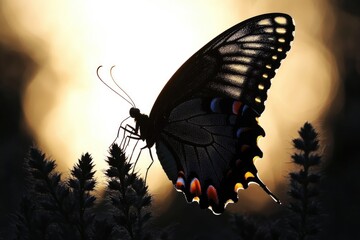 Poster - A black butterfly perched on the leaves of a green plant, its delicate wings spread open