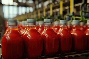 Poster - A line of empty tomato sauce bottles on a conveyor belt, ready for filling and packaging