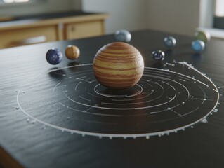 Poster - Planetary model on a dark surface. AI.