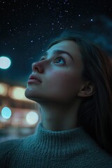 Wall Mural - A woman looking up at the stars in the evening sky