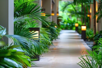 Poster - A long hallway featuring numerous green plants and foliage