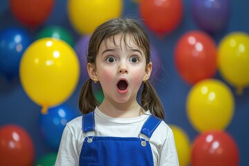 Canvas Print - A little girl looks surprised amidst colorful balloons. AI.