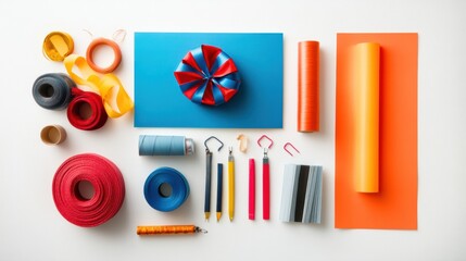 Poster - A variety of gift wrapping supplies including rolls of paper, ribbons, and cards are neatly arranged with blank space available for personal messages. Generative AI