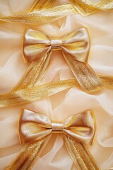 Poster - A close-up view of two golden bows on a white fabric