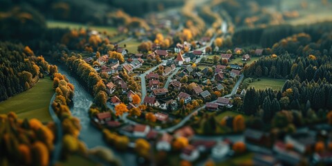 Poster - Aerial view of a small town surrounded by trees, suitable for use in presentations about small communities or nature scenery