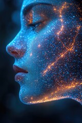 Poster - A close-up shot of a woman's face with glowing stars, suitable for use in science fiction or fantasy themed projects