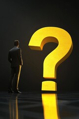 Aufkleber - A man standing in front of a large yellow question mark, contemplating his next move