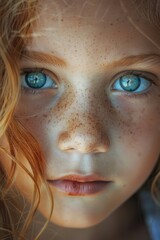 Poster - Close up portrait of a young girl with freckles, great for personal or commercial use