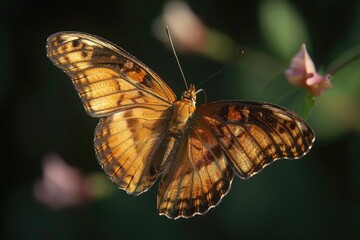 Poster - A brown and white butterfly sits on a pink flower, surrounded by greenery