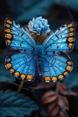 Aufkleber - A blue and orange butterfly sits on the petals of a blue flower, with delicate details and natural beauty