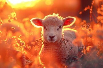 Poster - A lamb stands in a field of tall grass