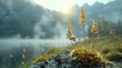 Poster - A scenic view of misty mountains with sunlight peeking through, great for nature and outdoor use
