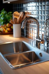 Poster - A stainless steel sink in a modern kitchen, located next to a countertop