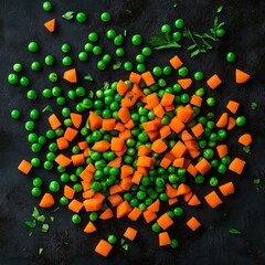 Wall Mural - Fresh green peas and diced carrots on dark background.