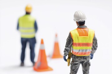 Poster - A worker wearing a safety vest stands next to orange cones on a construction site