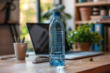 Aufkleber - A single water bottle sitting on top of a wooden table, perfect for outdoor or indoor use