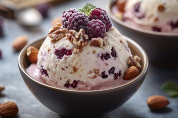 Aufkleber - A delicious-looking bowl of mixed fruit ice cream topped with juicy berries and crunchy nuts