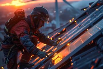 Poster - A person installs solar panels on a rooftop, providing sustainable energy