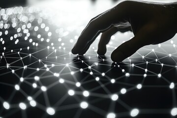 Poster - A person's hand touches a network of interconnected dots, with a focus on the tactile interaction