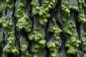 Close-up detailed texture of tree bark covered in vibrant green lichen, creating a unique natural pattern. Ideal for background or design element.