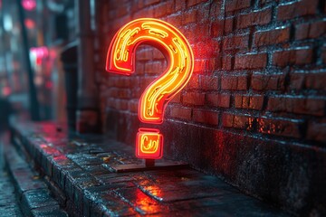 Aufkleber - A single neon question mark placed on a brick wall, perfect for use in designs related to inquiry or curiosity