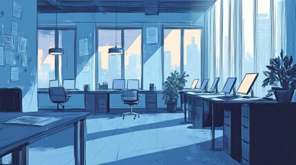 Poster - modern office space city view sunrise