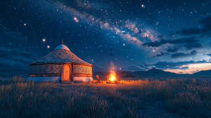 Wall Mural - Yurt under starry night sky with milky way and campfire in vast grassland