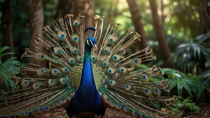 Wall Mural - Peacock displaying its vibrant plumage in a lush forest setting.