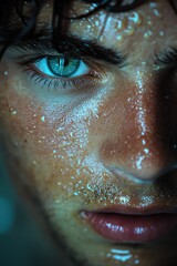 Poster - A close-up shot of someone's face with water droplets on the skin, suitable for use in images about beauty, wellness, or scientific concepts
