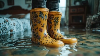Poster - A person stands in a puddle of water, dressed in yellow rain boots